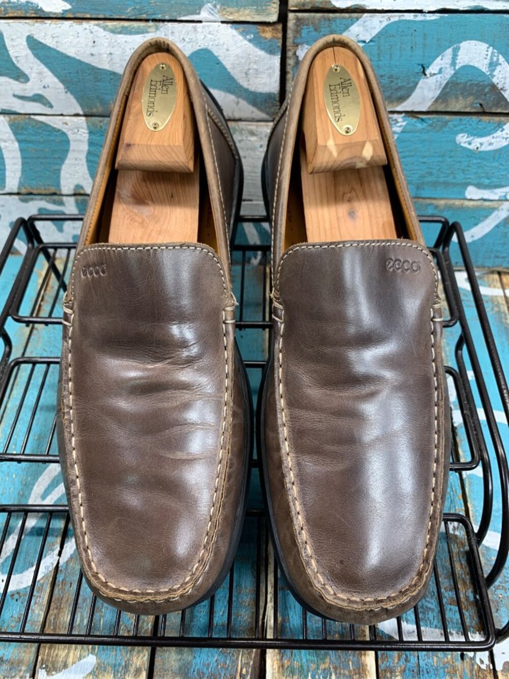 ECCO Driving Loafers Moc Toe Brown Leather Black Slip-On Mens 44/10-10.5 EUC